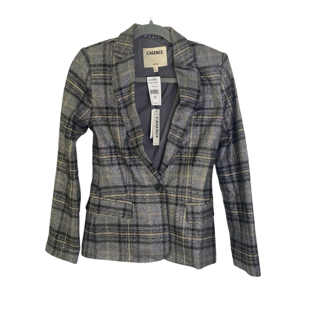 L'Agence Diana Metallic Plaid Blazer Jacket Lapel Equestrian Dark Academia Sz 0